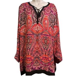 Rafaella L/S Split Hem Beaded Tassel Tie Blouse Womens Size XL Multicolor Top
